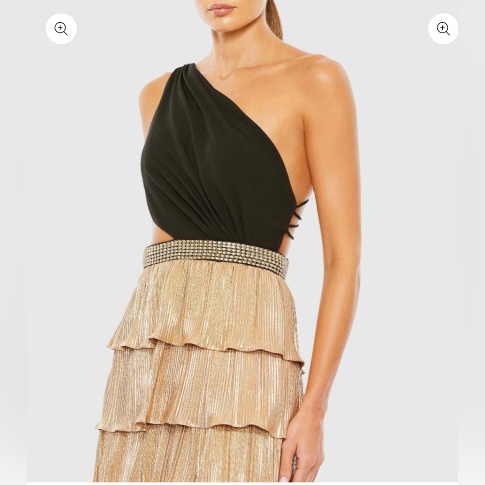 Mac Duggal Black and Gold Tiered One Shoulder Gown - Picture 2 of 7